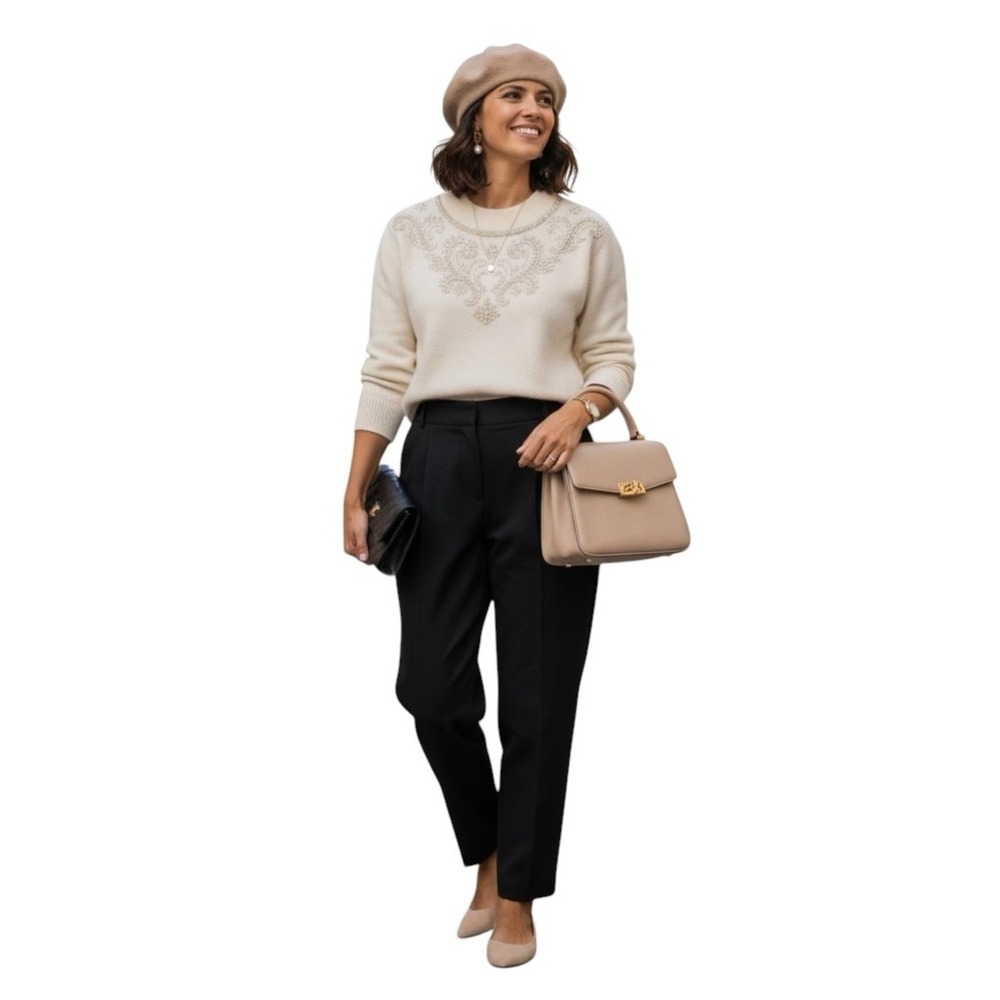 Alfred Dunner Petite Embellished Ivory Sweater Beaded Sequin Knit Top PL Size